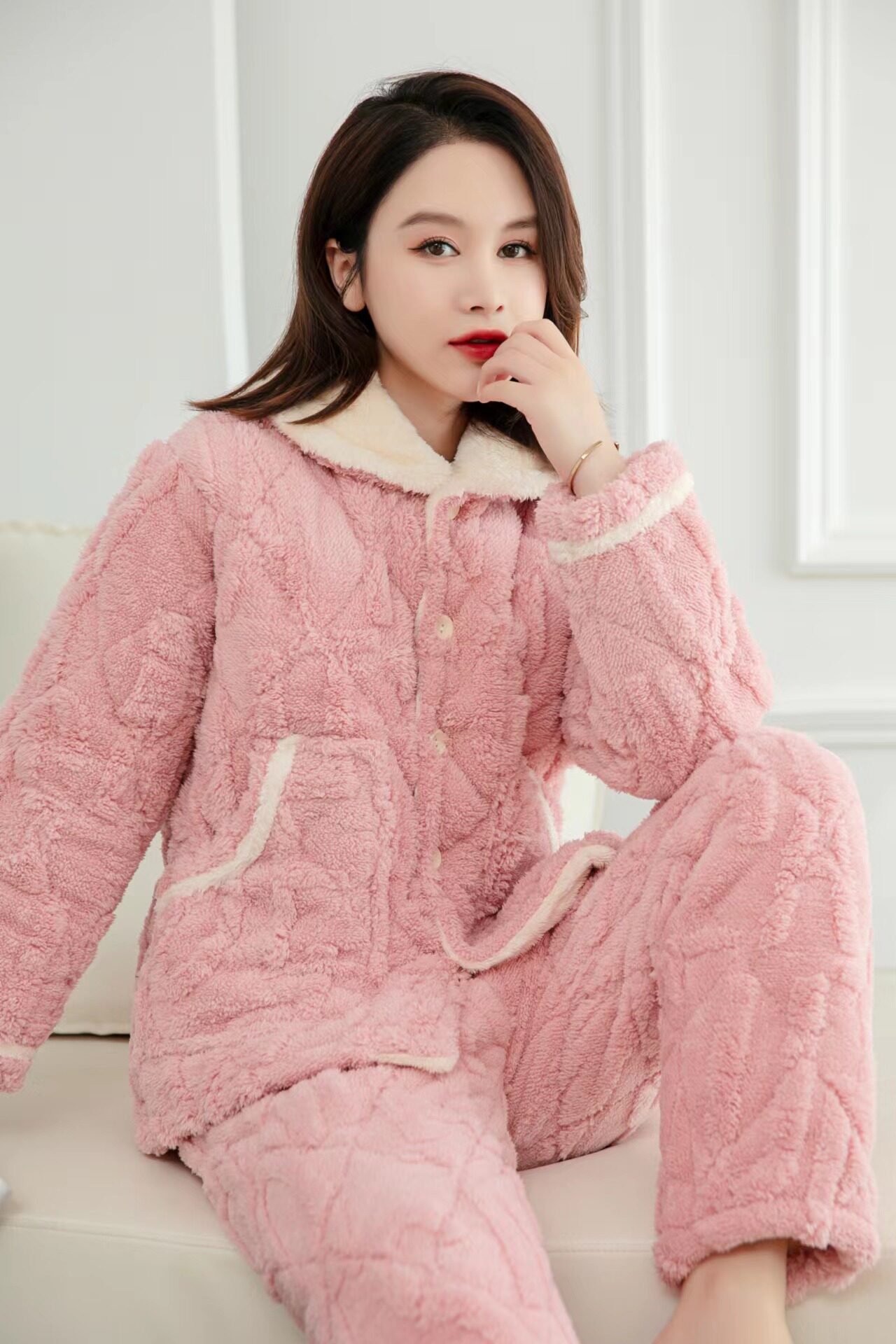 冬天女孩睡衣家居服三层加绒加厚保暖法兰绒女士棉袄中老年厚棉衣