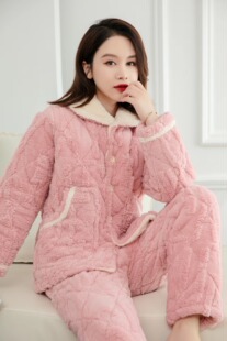 冬天女孩睡衣家居服三层加绒加厚保暖法兰绒女士棉袄中老年厚棉衣