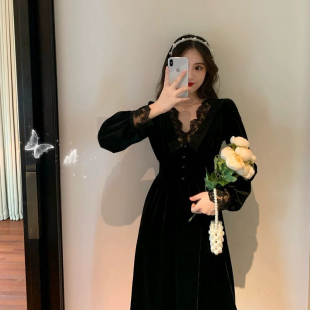 轻奢配大衣名媛女神范蕾丝高端金丝绒连衣裙 女装 2024秋冬法式 大码