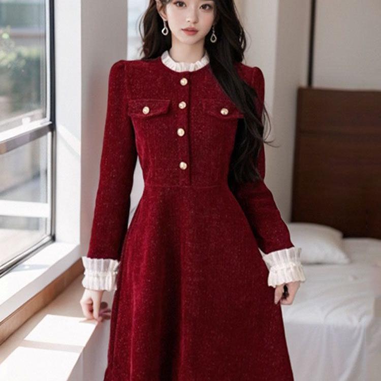 2025秋冬过年战袍金丝绒连衣裙
