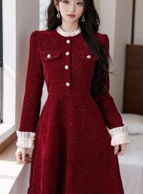 法式红色喜庆过年战袍金丝绒连衣裙2025秋冬新款晚礼服裙显瘦短裙