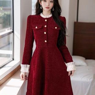 法式红色喜庆过年战袍金丝绒连衣裙2025秋冬新款晚礼服裙显瘦短裙