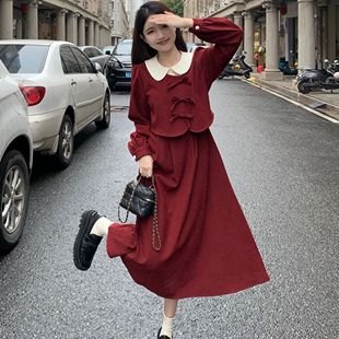 法式娃娃领假两件套红色长裙秋冬爆款温柔气质长袖优雅礼服连衣裙
