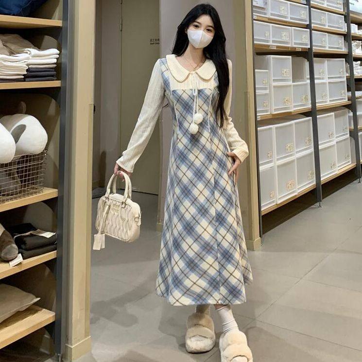 假两件娃娃领格子连衣裙子女