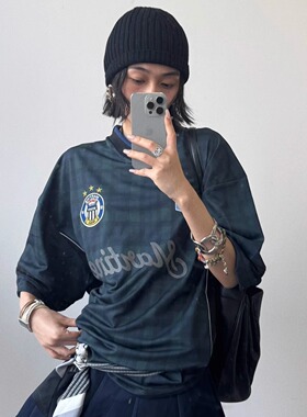 Martine Rose 25SS 黑绿拼色格纹球衣男女复古足球宽松短袖T恤tee