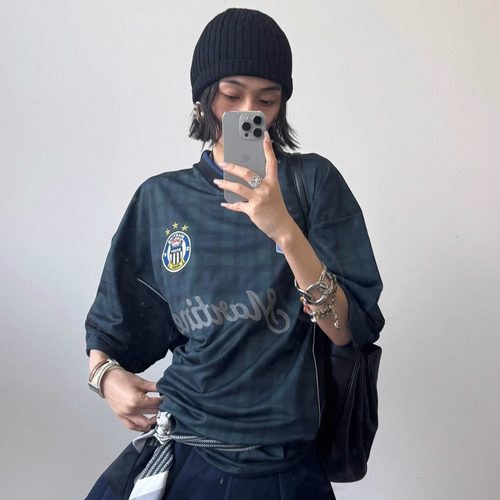 Martine Rose 25SS 黑绿拼色格纹球衣男女复古足球宽松短袖T恤tee