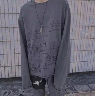T恤男女装 长袖 卫衣小众潮流 富二代水洗做旧涂鸦刺绣薄款 ERD忧郁