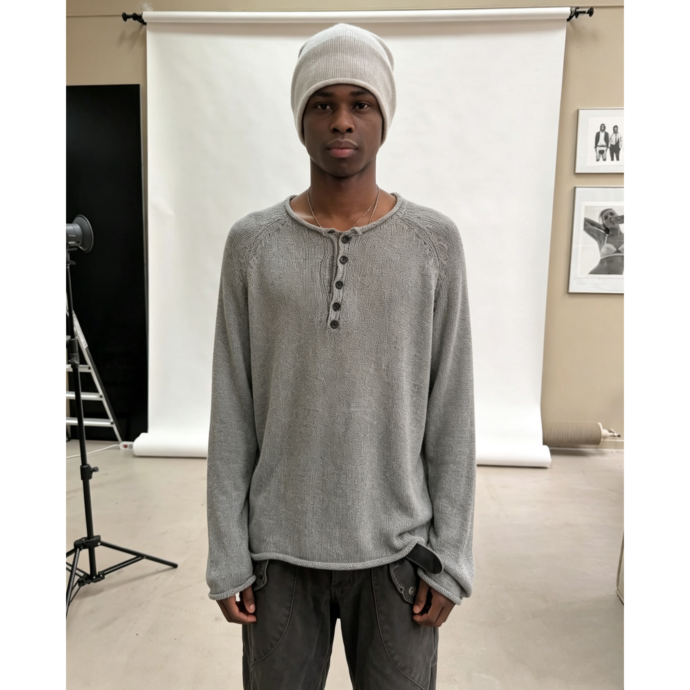 nofaith 灰色卷边纽扣圆领button knit sweater grey针织长袖T恤