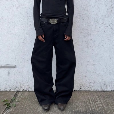 No Faith 立体剪裁宽松休闲Baggy阔腿水洗弯刀直筒男女黑色牛仔裤