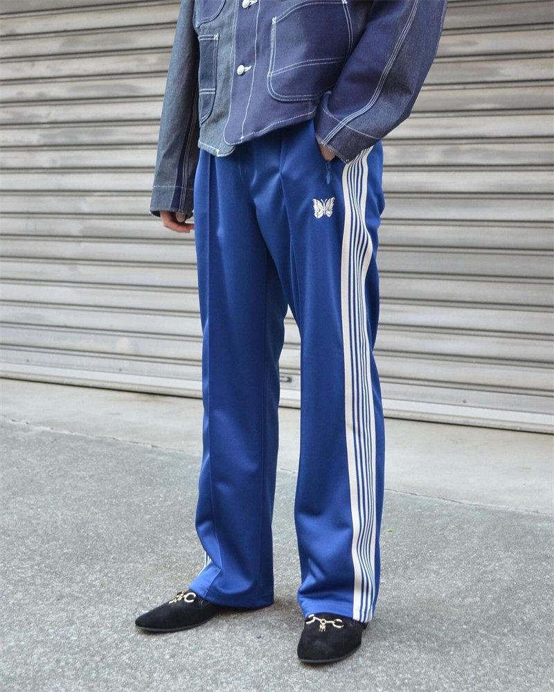 Needles 蝴蝶刺绣皇家蓝直筒运动裤垂感休闲宽松男女装情侣长裤子图片