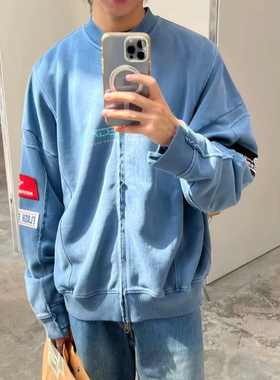 Martine Rose 高克重加绒水洗蓝印花贴布不规则开衫宽松卫衣外套