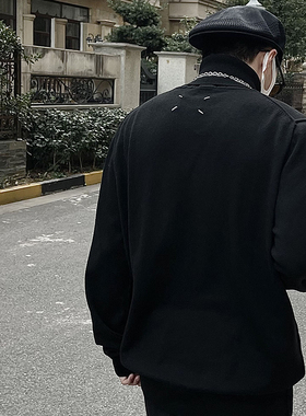 自主Ma风格纯色四角标高领套头反缝羊毛毛衣针织衫黑色男女