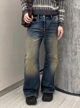 AC风格2021M泥染脏脏牛仔裤休闲水洗做旧猫须磨破微喇男女牛仔裤