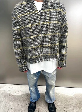 our风格高领定制羊毛混纺格子 复古拉链开衫针织夹克外套男女