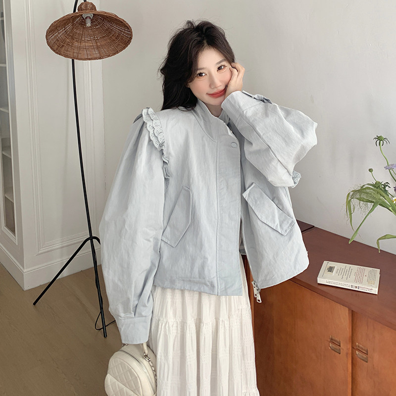 baby蓝设计感木耳边外套女2025春秋新款时髦洋气减龄立领短款上衣,女装短外套,乔安迪