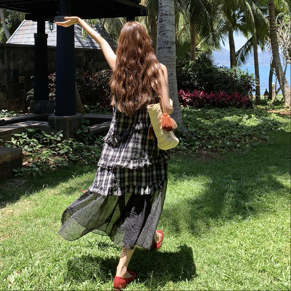 网纱拼接格子无袖连衣裙女2025夏季新款韩系百搭减龄休闲背心长裙,女装连衣裙,乔安迪