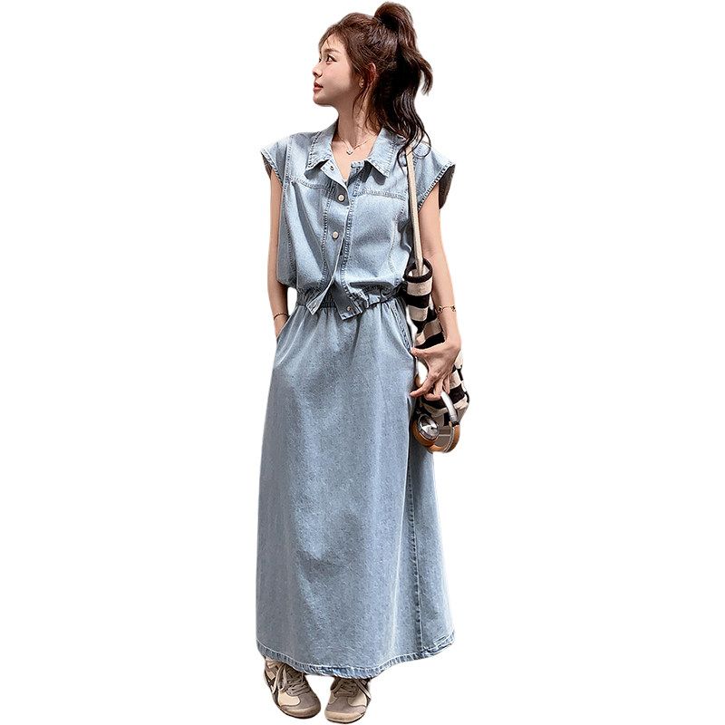 甜酷牛仔上衣半身裙三件套女2025夏季新款高级感显瘦蓝色吊带套装,女装套装/套裙,乔安迪