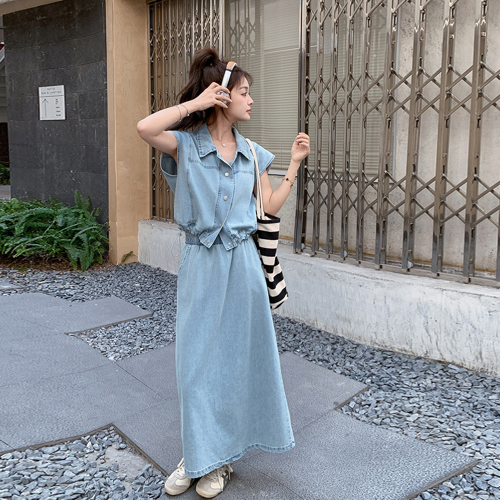 甜酷牛仔上衣半身裙三件套女2025夏季新款高级感显瘦蓝色吊带套装,女装套装/套裙,乔安迪