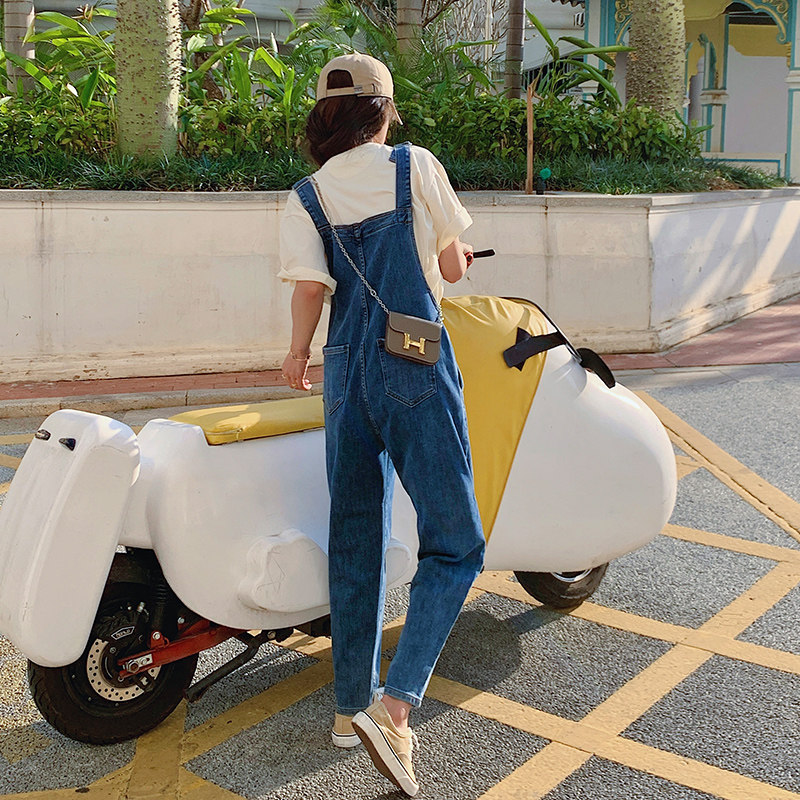 牛仔背带裤女春秋长款可爱减龄宽松chic设计感小众学生少女裤子潮,女装牛仔裤,乔安迪