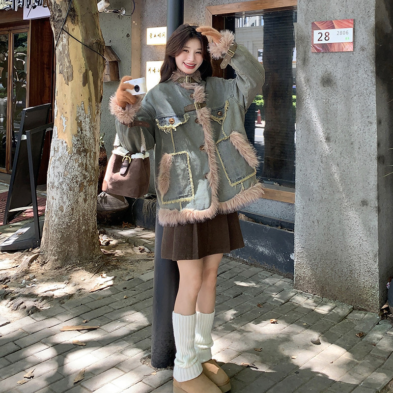 【新品】126-9052-P195K288毛毛拼接牛仔棉衣派克服图片