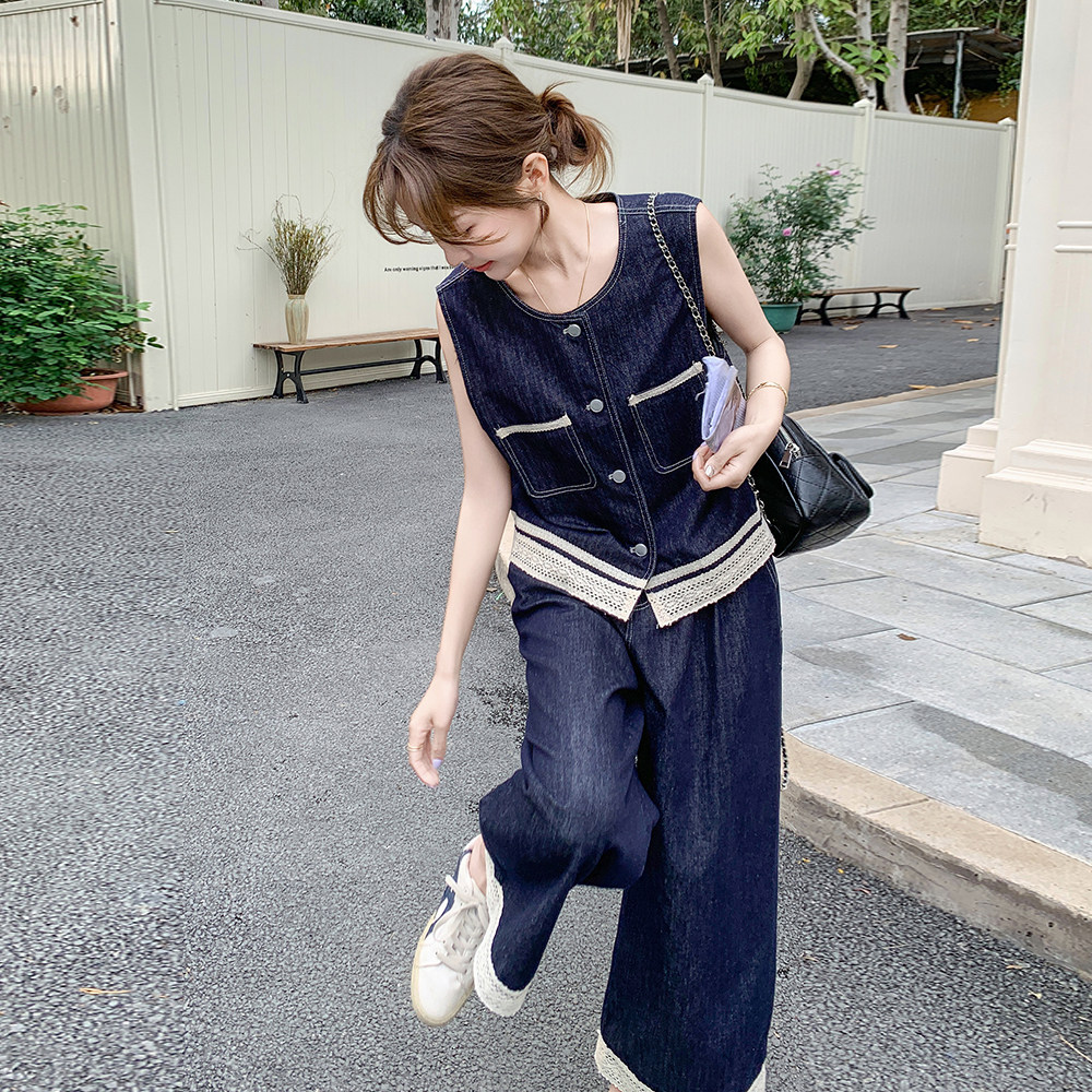蕾丝拼接牛仔马甲阔腿裤套装女2025年夏季新款超火ootd穿搭两件套图片