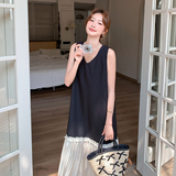 撞色拼接v领无袖连衣裙女2025夏季新款韩系设计感宽松显瘦背心裙，女装连衣裙，乔安迪
