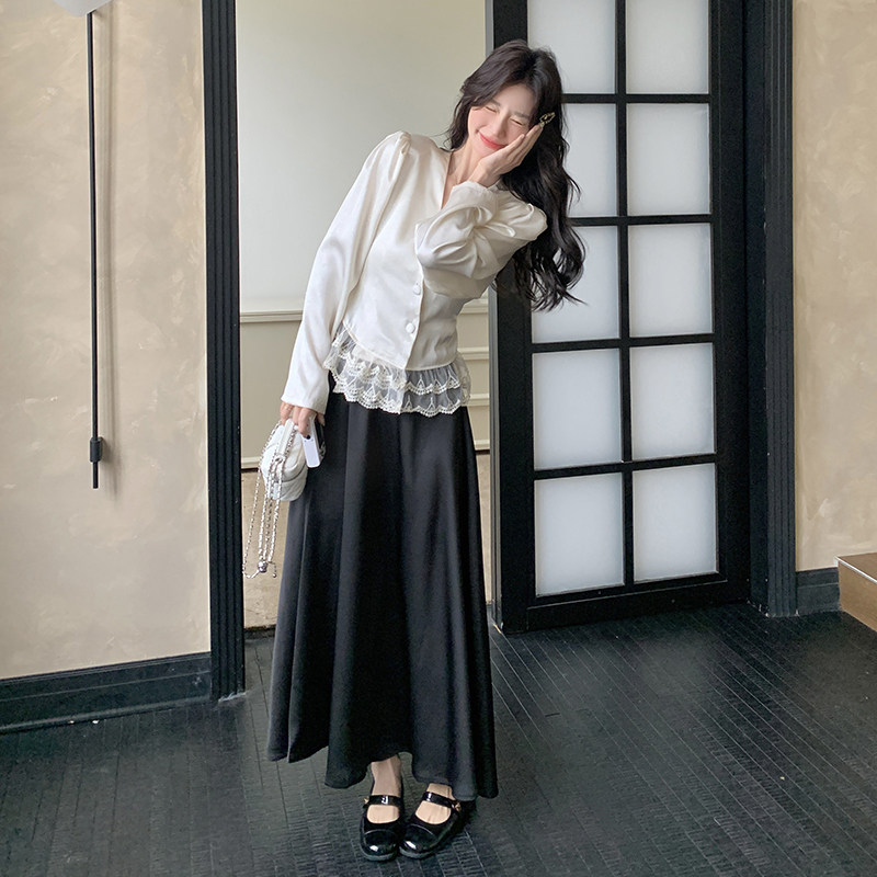 法式蕾丝拼接v领衬衫半身裙套装女2025春季新款气质高级感两件套,女装套装/套裙,乔安迪