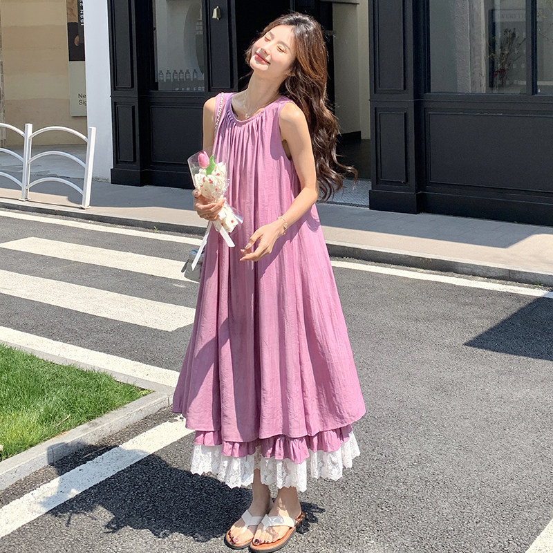 紫色无袖背心连衣裙女2025夏季新款法式超好看蕾丝拼接度假风长裙图片
