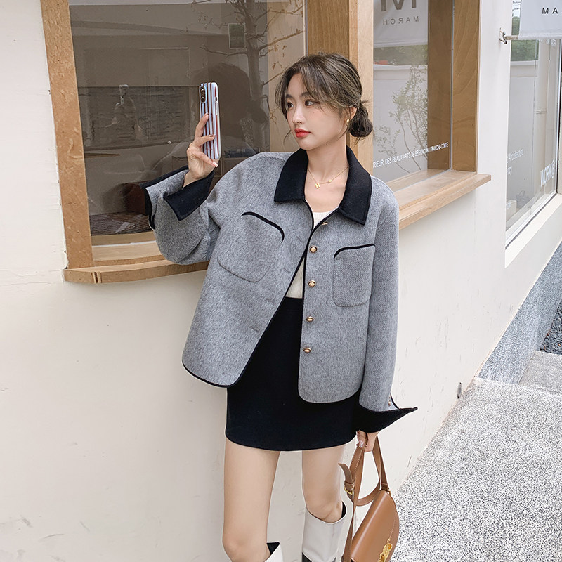学院风穿搭灰色小香风连衣裙女春2025新款毛呢上衣长裙，女装毛呢外套，乔安迪