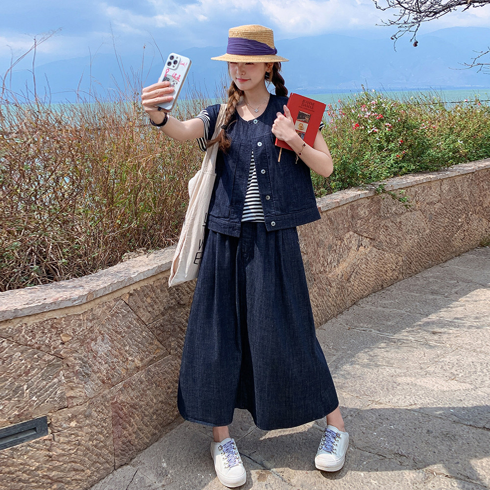 港风复古牛仔半身裙套装女2025夏季新款高级感减龄马甲长裙两件套，女装套装/套裙，乔安迪