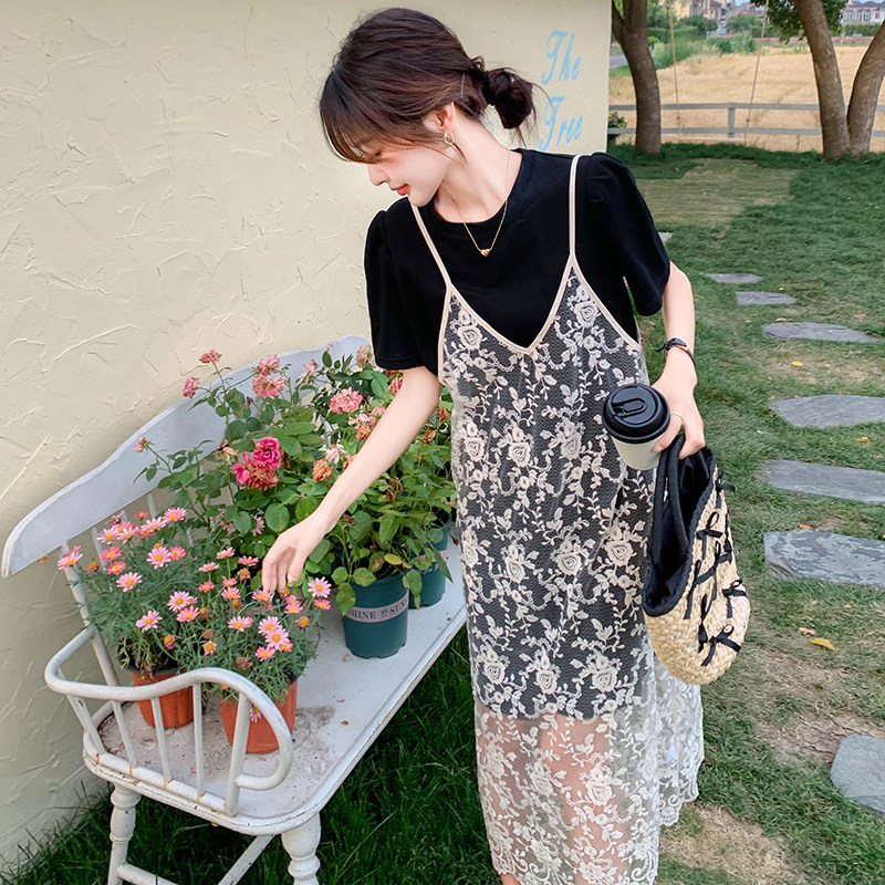 蕾丝网纱拼接吊带连衣裙女夏t恤裙小众设计感韩系爆款,女装连衣裙,乔安迪