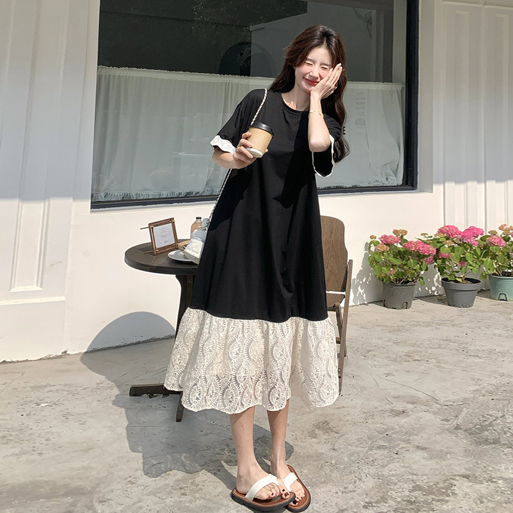 黑色蕾丝拼接T恤裙女夏季2025年新款韩版小个子设计感宽松连衣裙图片