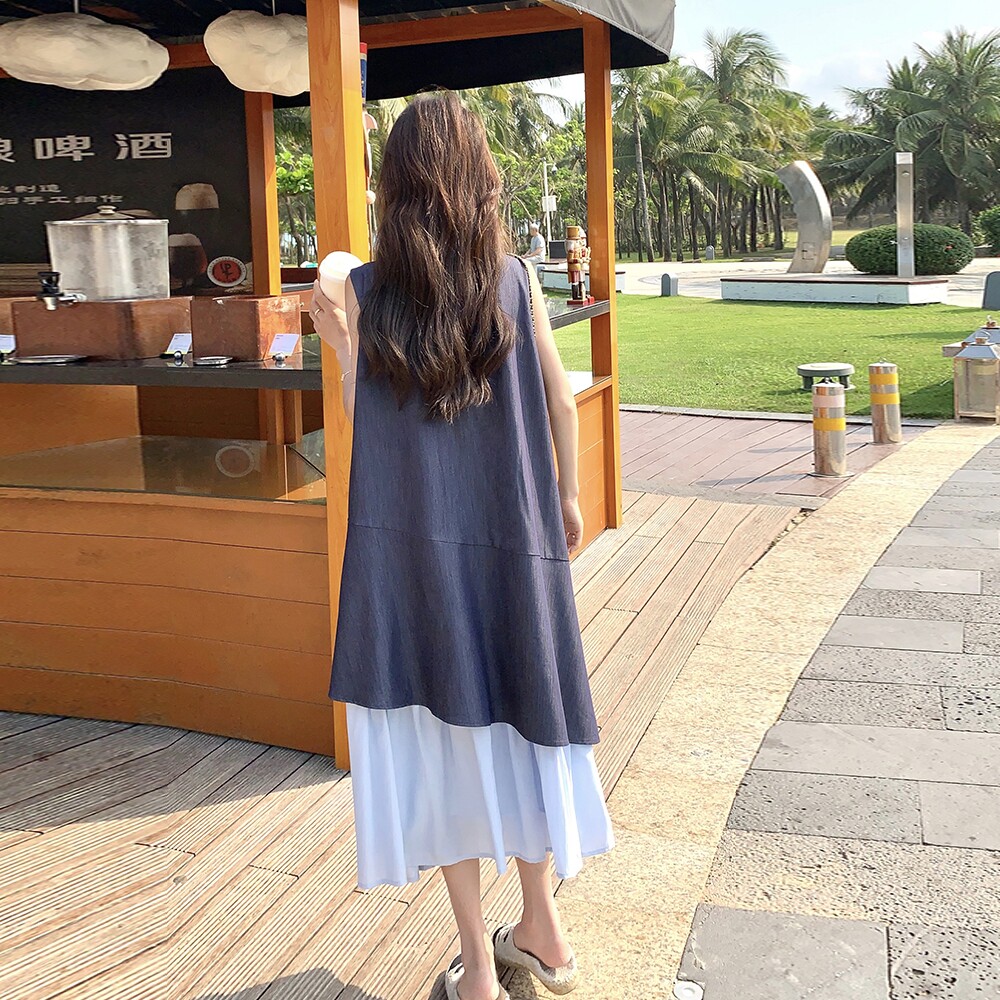 法式度假风拼色无袖连衣裙女2025夏季新款独特漂亮宽松显瘦背心裙,女装连衣裙,乔安迪