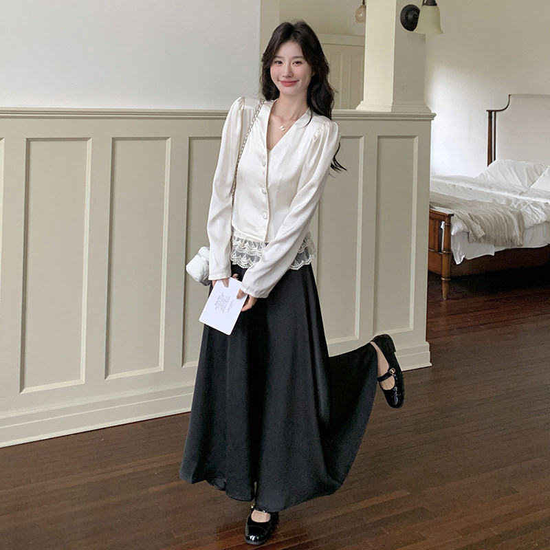 法式蕾丝拼接v领衬衫半身裙套装女2025春季新款气质高级感两件套图片