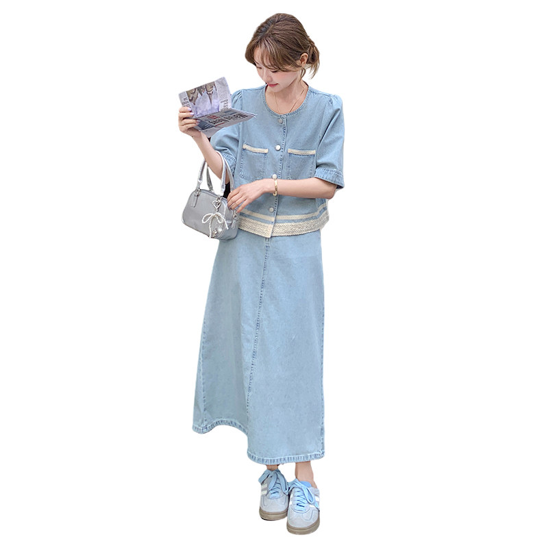 新品，现货5886-P175-K258薄牛仔短袖半身裙两件套（蕾丝拼接,女装套装/套裙,乔安迪