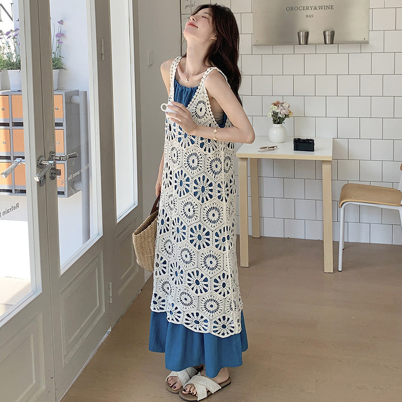 法式度假风连衣裙女2025夏季新款钩花罩衫叠穿吊带长裙图片