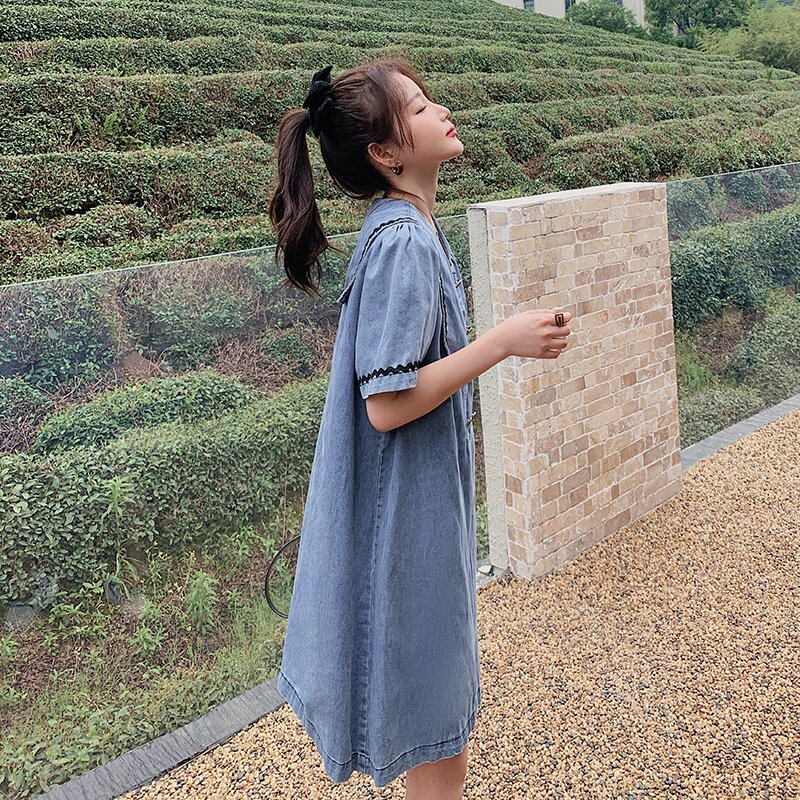 【】现货薄款大码明线学院风牛仔连衣裙2297-P105-K158,女装连衣裙,乔安迪