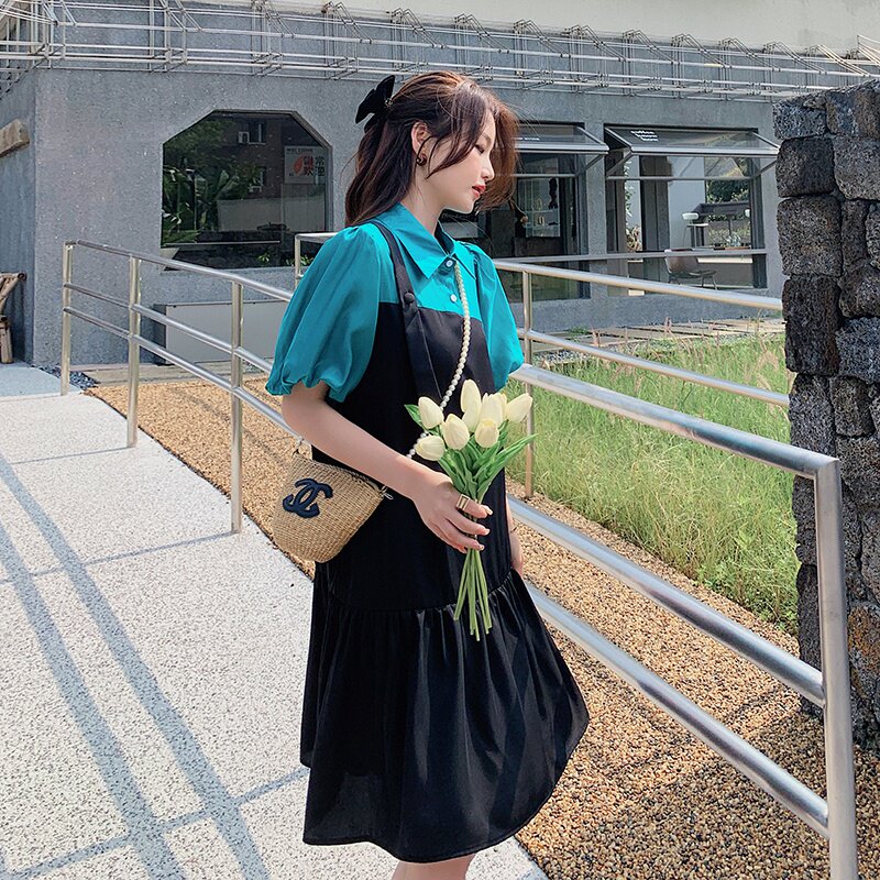 【】现货拼接减龄肩带设计连衣裙2298-P105-k158,女装连衣裙,乔安迪
