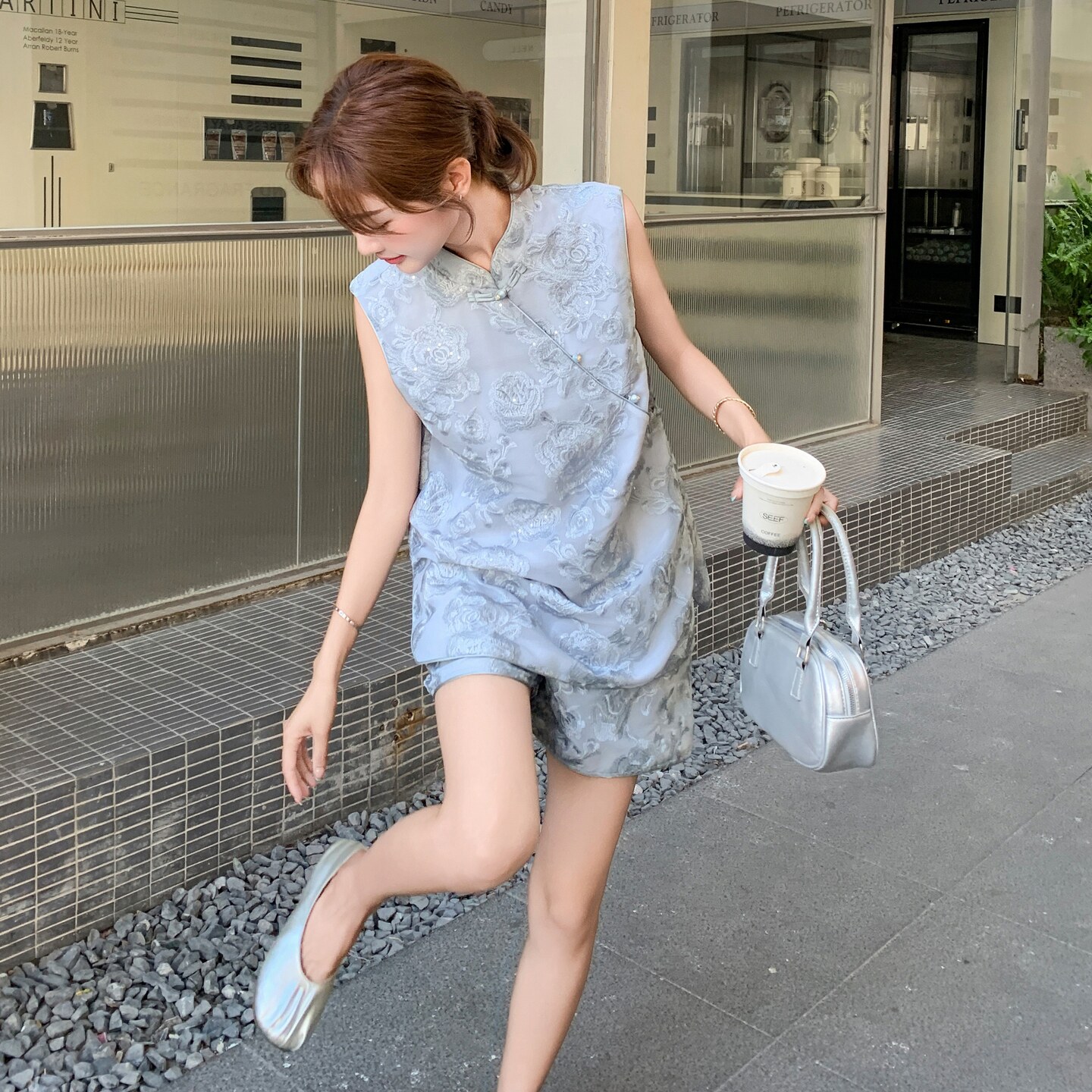 新中式国风套装女浅蓝色2025夏季新款盘扣无袖上衣休闲短裤两件套,女装套装/套裙,乔安迪