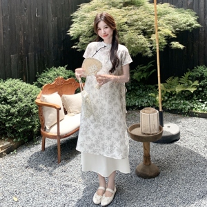 国风印花罩衫裙套装女2025夏季新款拼色印花裙简约吊带裙两件套图片