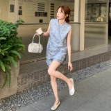新中式国风套装女浅蓝色2025夏季新款盘扣无袖上衣休闲短裤两件套，女装套装/套裙，乔安迪