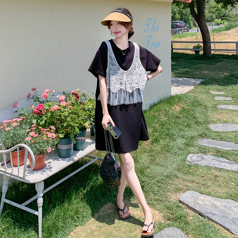 法式网纱马甲拼接假两件连衣裙女2025夏季新款韩版宽松显瘦长裙子,女装连衣裙,乔安迪