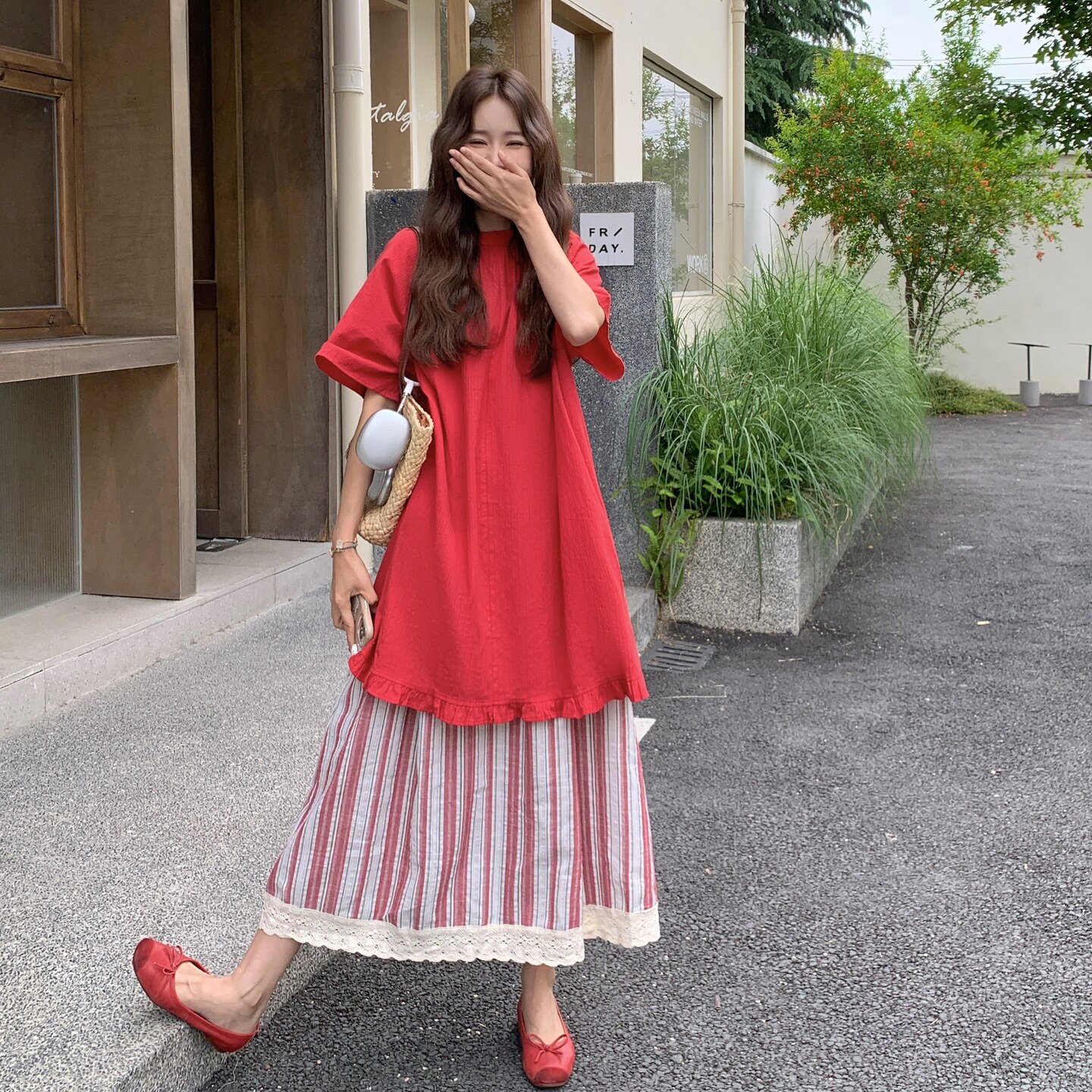 韩版减龄甜美上衣两件套女2025年夏季新款俏皮显瘦条纹半身裙套装,女装套装/套裙,乔安迪