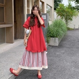 韩版减龄甜美上衣两件套女2025年夏季新款俏皮显瘦条纹半身裙套装，女装套装/套裙，乔安迪