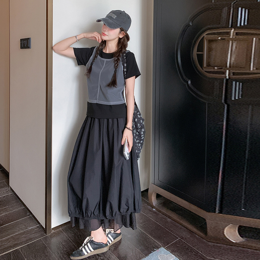 黑色设计感休闲套装裙女2025夏季新款假两件拼接上衣半身裙两件套,女装套装/套裙,乔安迪