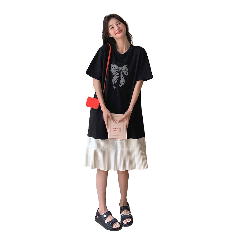 黑色设计感拼接连衣裙女2025夏季新款休闲宽松蝴蝶结中长T恤裙,女装连衣裙,乔安迪