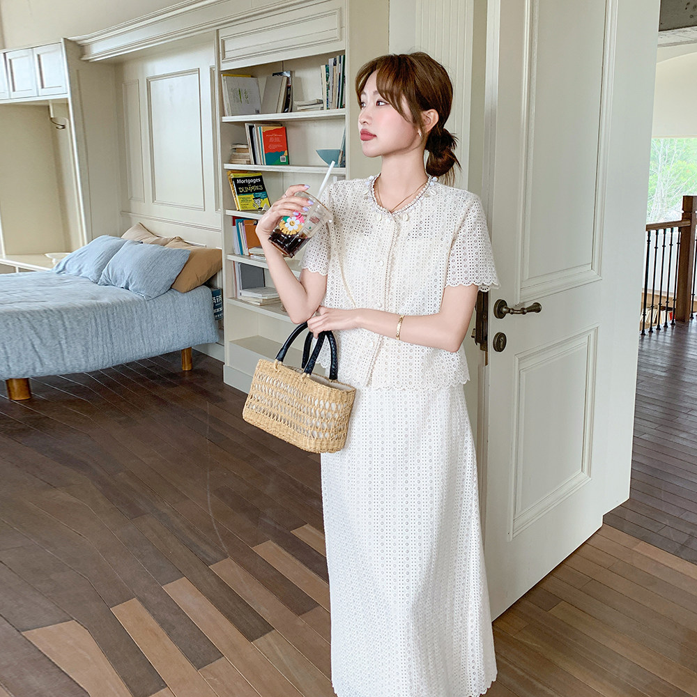 米白色小香风蕾丝套装裙女2025年夏季新款轻熟风上衣半身裙两件套,女装套装/套裙,乔安迪