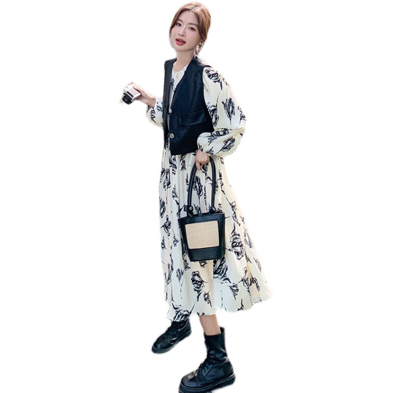 【新款】皮衣马甲+水墨画连衣裙套装126-9621P155-K218,女装连衣裙,乔安迪