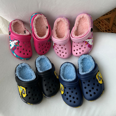儿童卡通加绒洞洞鞋保暖秋冬男童毛毛拖鞋可爱中小童家居棉拖鞋