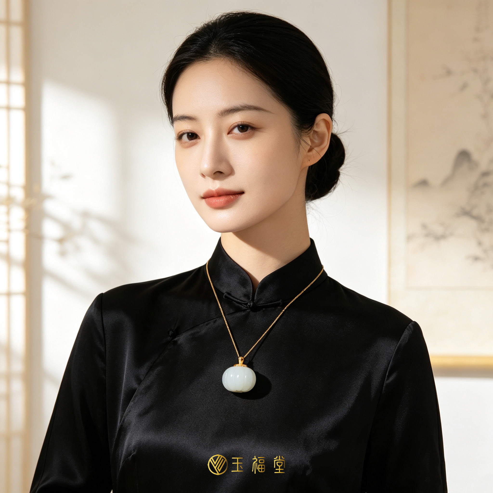 玉福堂 | 新疆和田玉白玉脂白玉坠 | 18k金镶嵌南瓜玉挂件 福瓜
